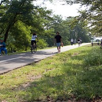 木陰の多摩サイ。左端のおじさんは自転車の危険運転をチェックしている人